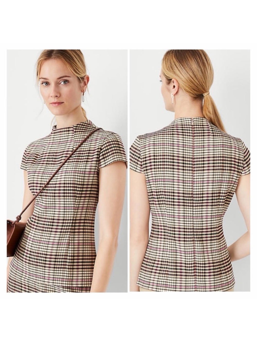 New Ann Taylor Plaid Cap Sleeve Top Size 6 Tan Academia Office Professional Prep